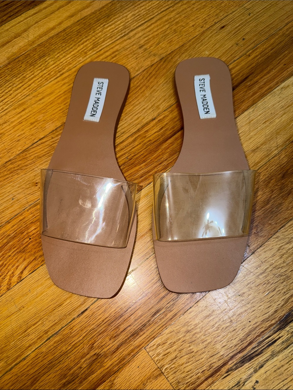 Steve Madden Transparent Strap Slide Sandals in Tan